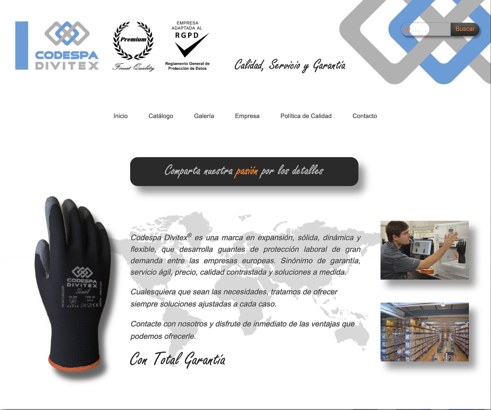 Codespa Divitex website homepage showing brand identity, RGPD compliance badge, product glove, and company description in Spanish