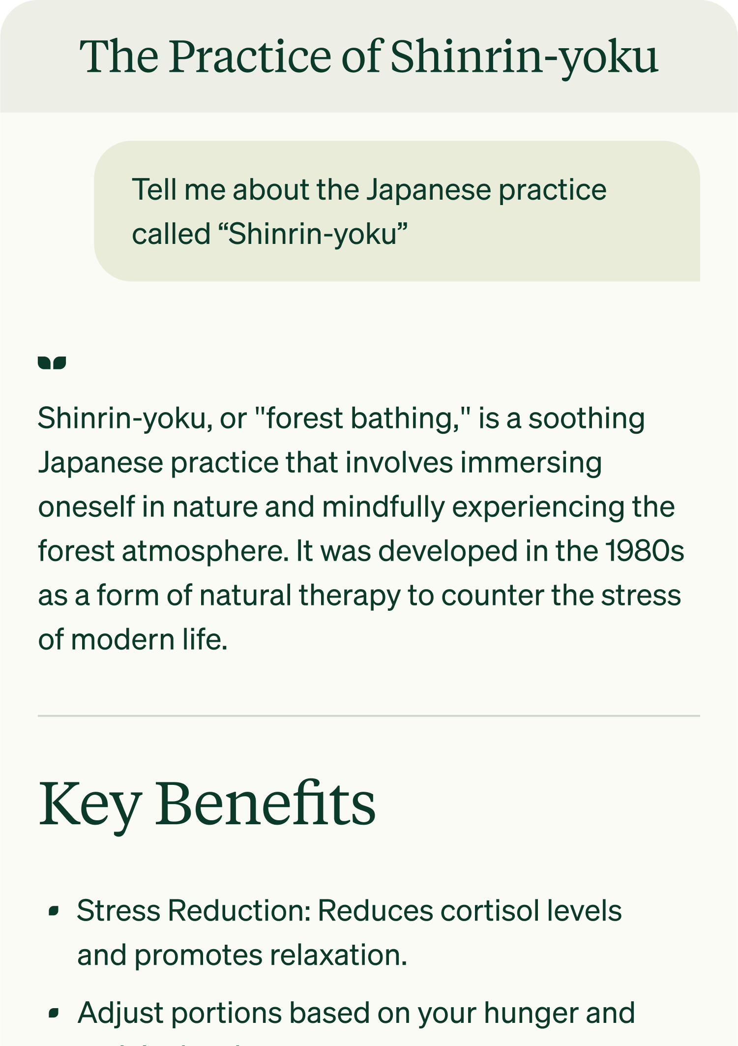GreenMind AI chatbot interface showing a response about Shinrin-yoku forest bathing, demonstrating the wellness and nature-focused AI experience