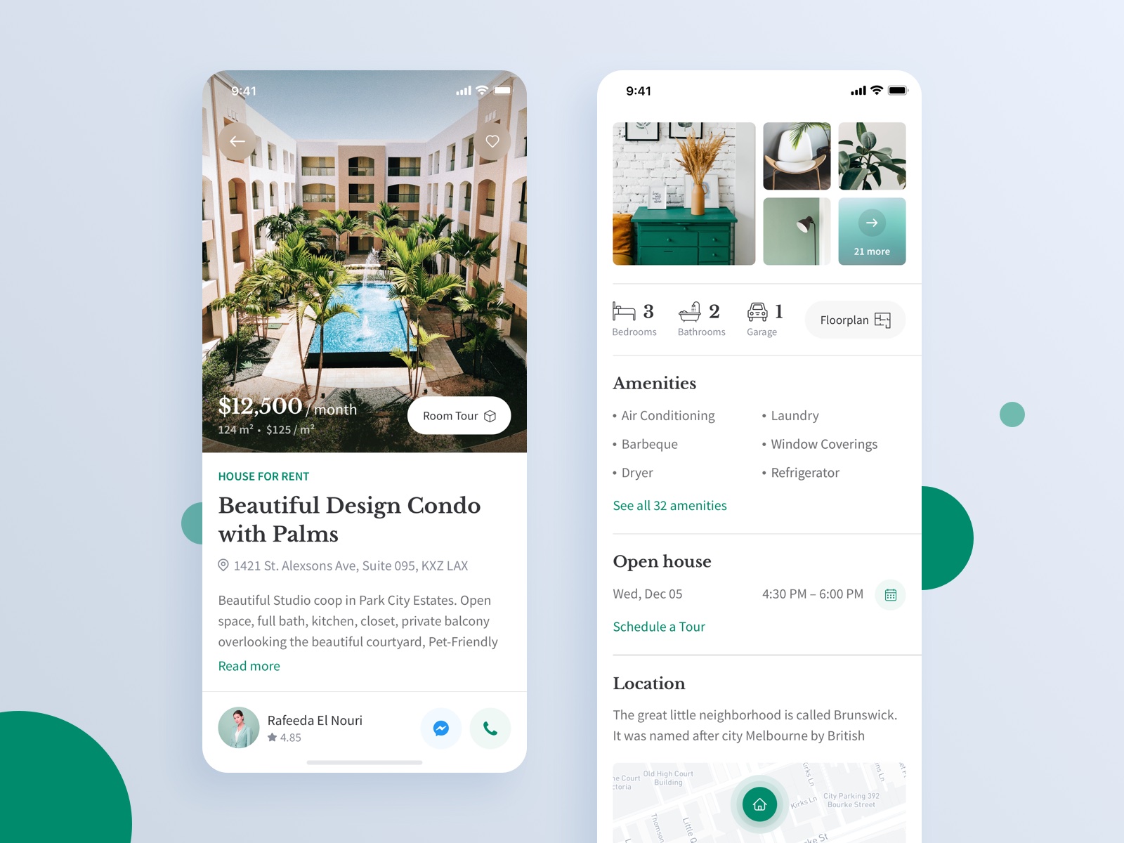 Property marketplace mobile app showing a luxury condo listing with room tour option, amenities list, open house scheduling, and agent contact details on iOS