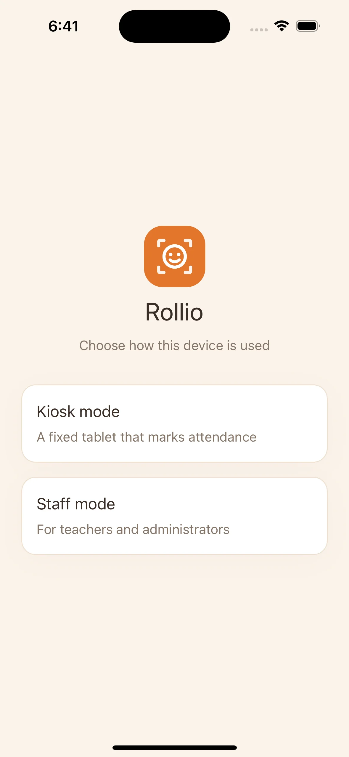 Rollio app mode selection offering kiosk mode and staff mode