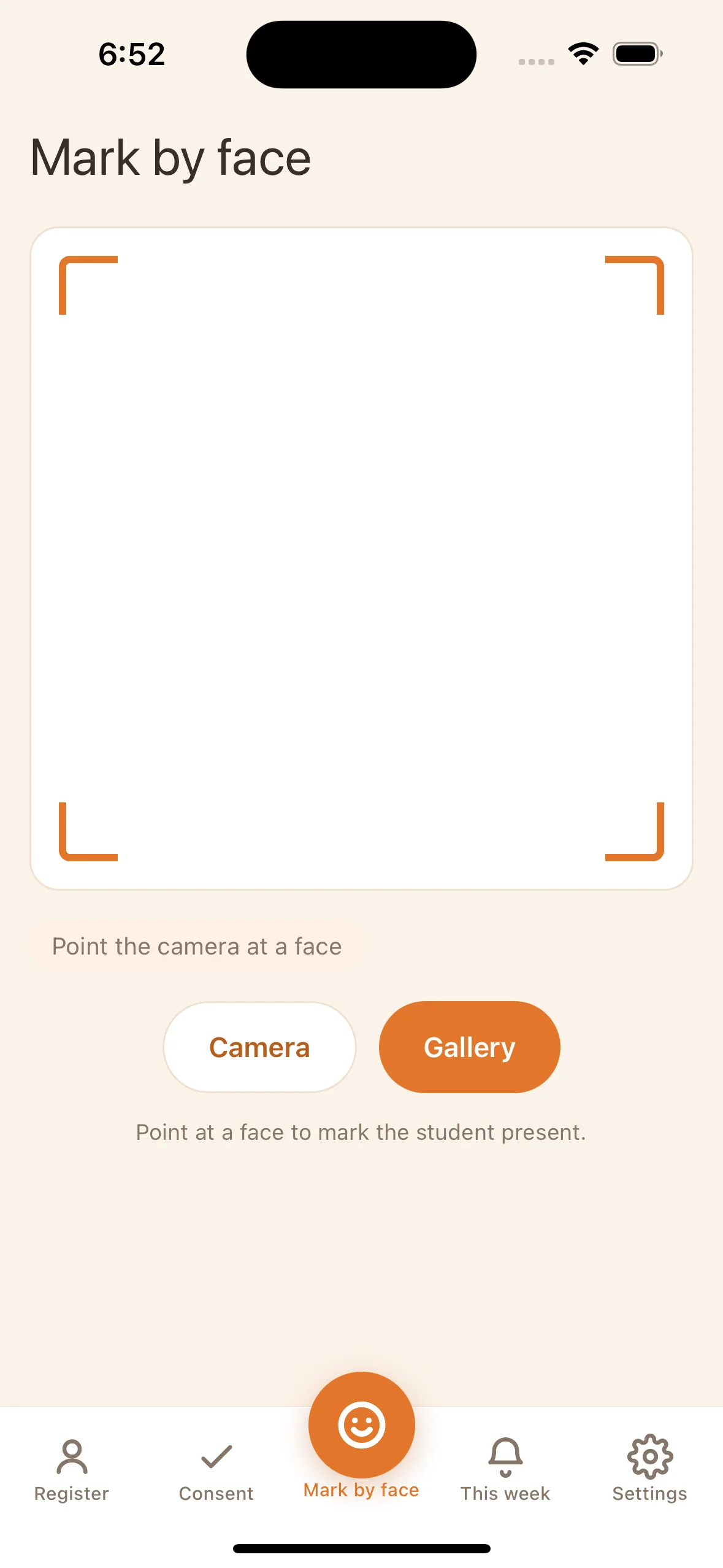 Rollio staff app mark by face screen with a camera and gallery option