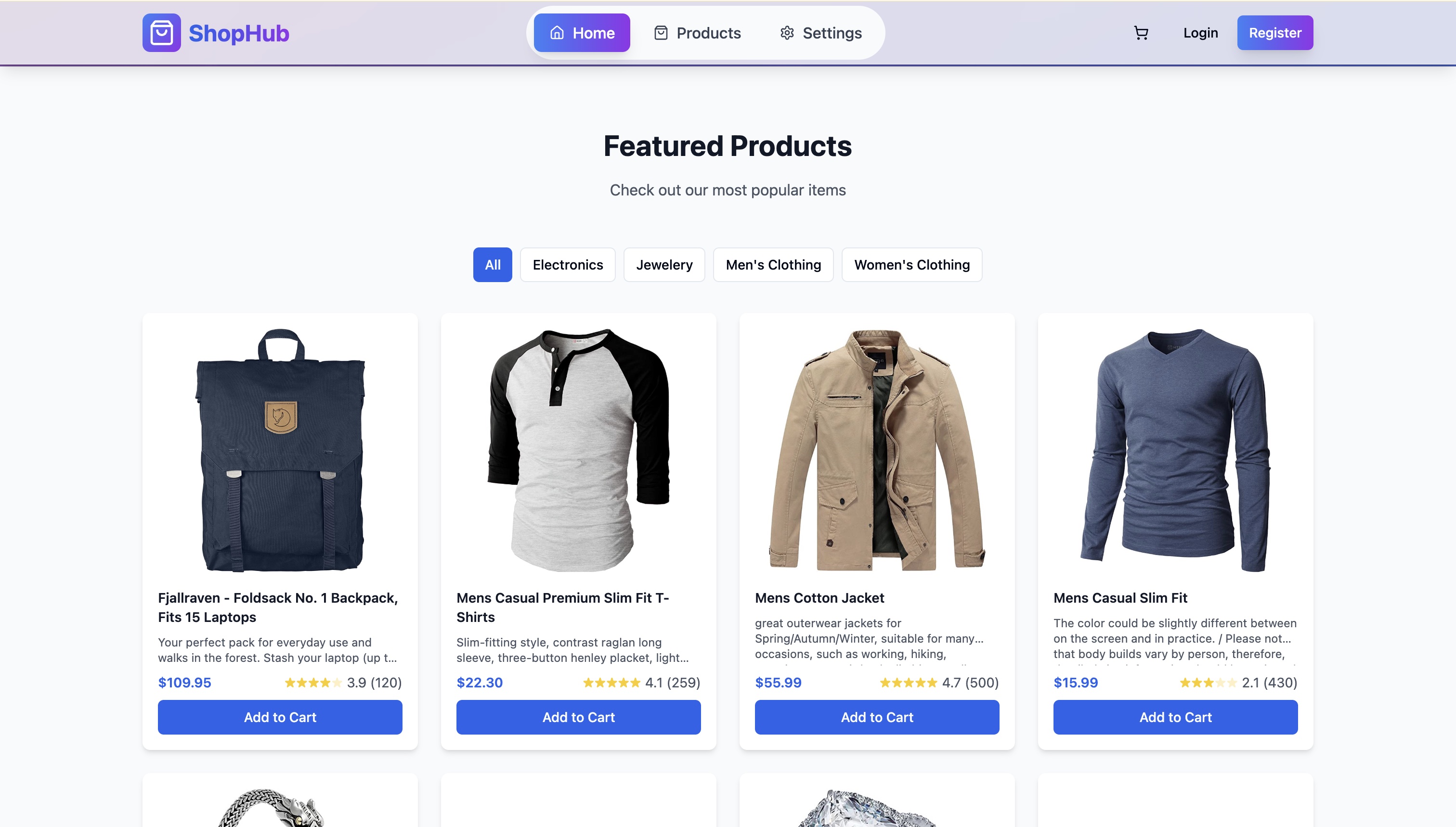 ShopHub web app showing featured products page with category filters for Electronics, Jewelry, Men's Clothing and Women's Clothing