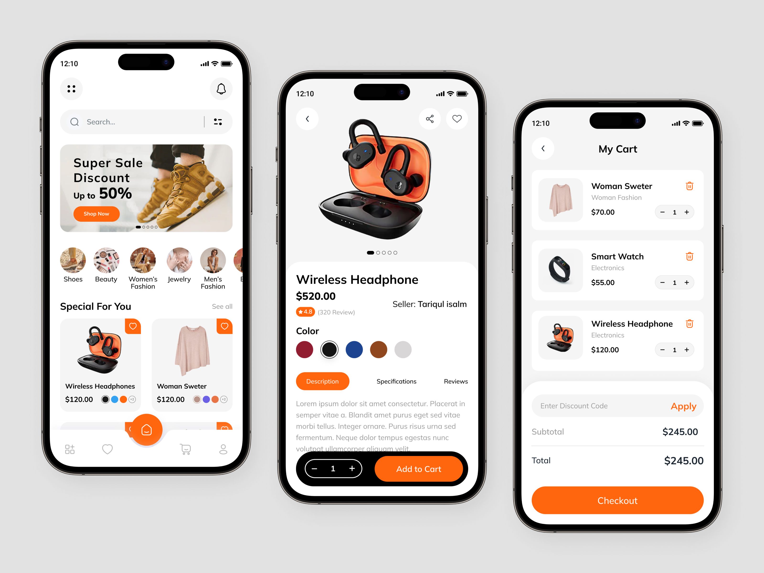ShopHub mobile app showing home screen with sale banner, product detail page for wireless headphones, and shopping cart with checkout