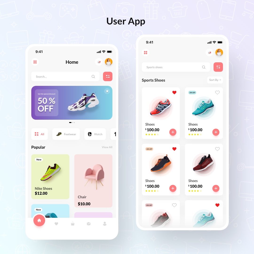 ShopHub user app showing home with popular products and search results for sports shoes with filtering and sorting
