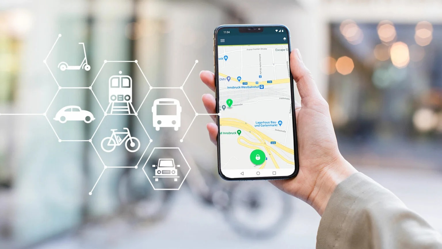 TranziGo mobile app showing a live map with nearby transport options including scooters, trams, buses, bikes, and cars
