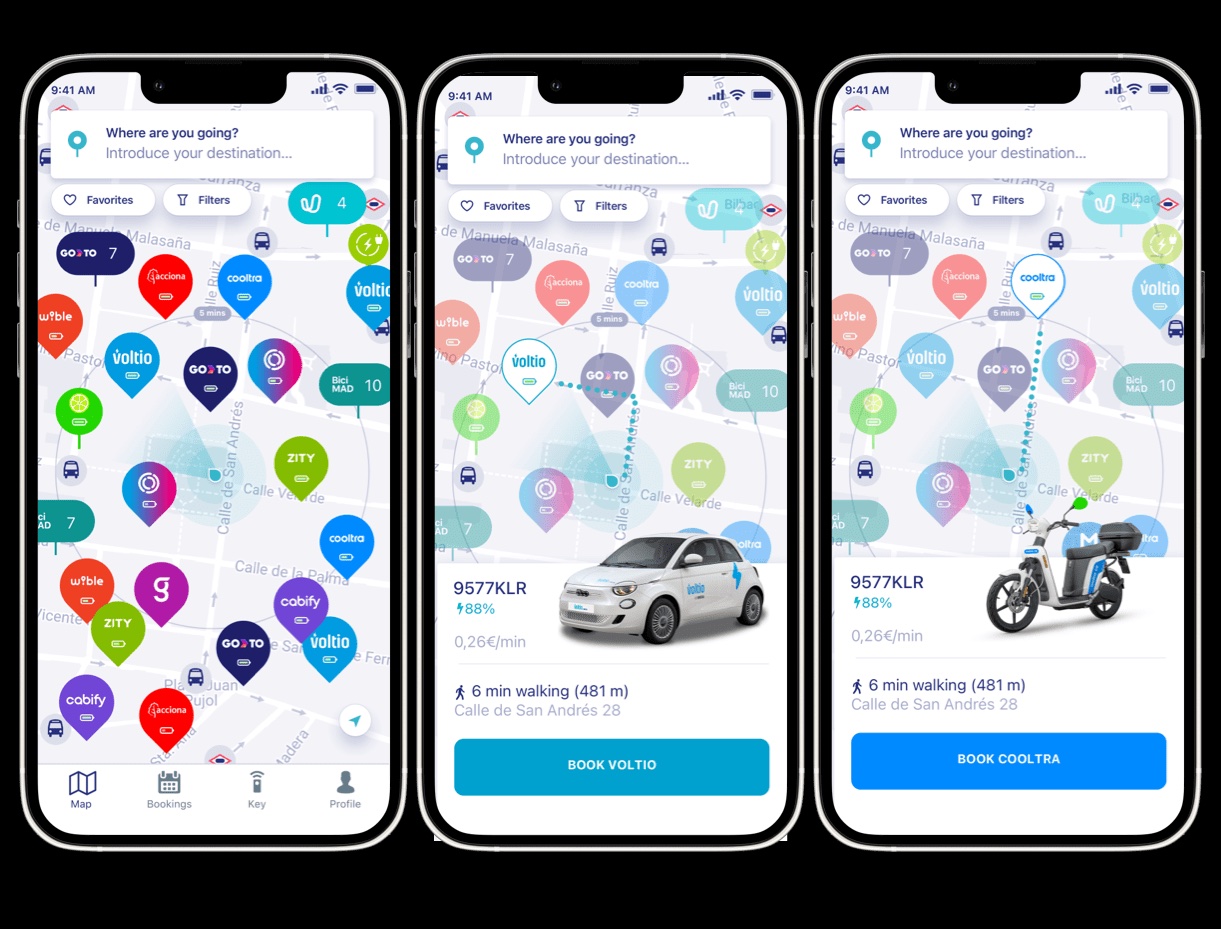 TranziGo app screens showing transport provider map pins and vehicle booking interface with electric car and scooter options